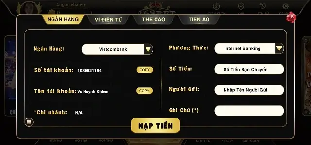 Mẫu nạp rút tiền rất thông dụng của 168bet Vin