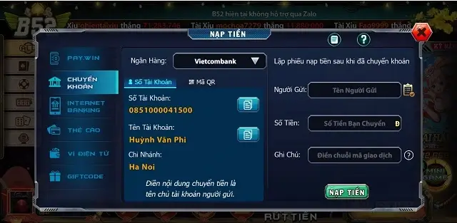 Chuyển khoản trực tiếp là cách giao dịch trên cổng game B52e Club