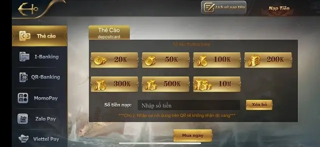 Biểu mẫu nạp tiền của cổng game Biendo Club