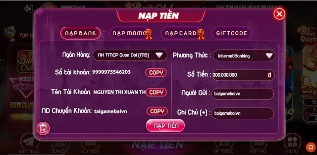 Mẫu nạp tiền trực tiếp của cổng game BumClub Vip