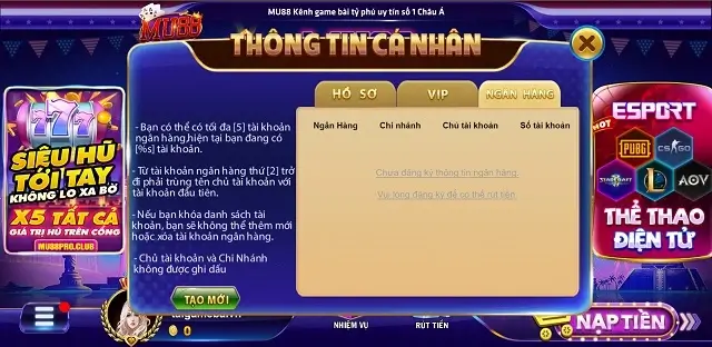 Mẫu điền thông tin ngân hàng của cổng game Mu88now Com