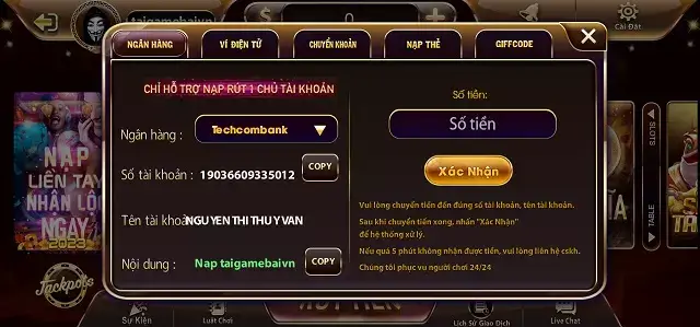 Sun9 Vin chỉ hỗ trợ nạp rút tiền qua cùng 1 số tài khoản