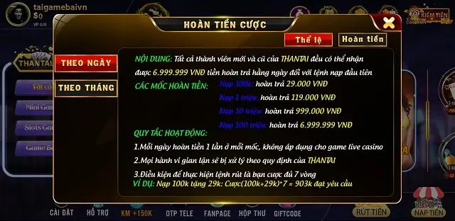 Thantai App là cổng game đầu tiên áp dụng hoàn trả cược