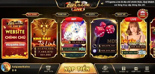 Giao diện VTCgame Live và trò chơi hiện có