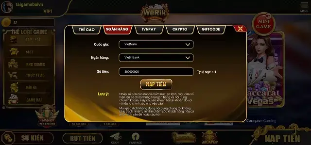 Mẫu nạp tiền của cổng game Werik Club