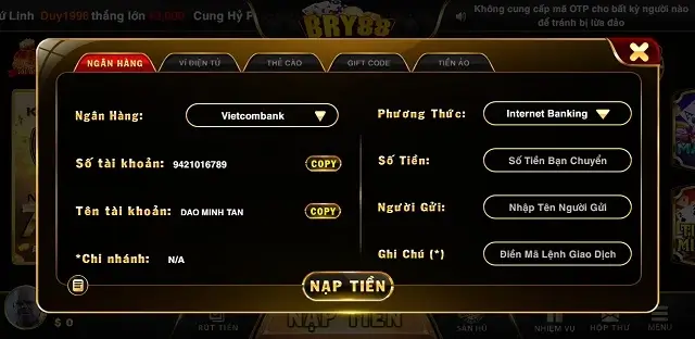 Nạp và rút tiền trên cổng game Bry88 Club vẫn diễn ra ổn định