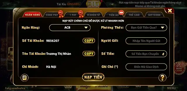 Mẫu giao dịch nạp tiền rất gọn gàng của cổng game Hit1 Club