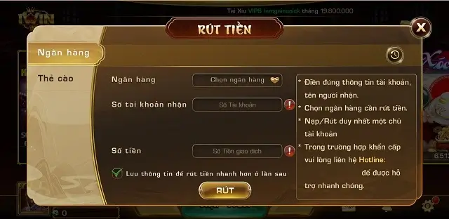 Mẫu rút tiền rất thuận tiện của cổng game iWin1 Us