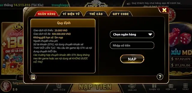 Nạp rút tiền rất nhanh gọn trên cổng game Luky Vin