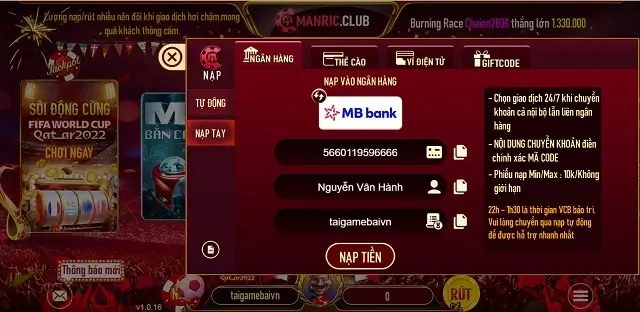 Nạp rút tự động bằng chuyển khoản trên cổng game Manric Club