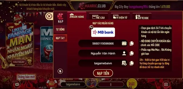 Nạp rút tiền rất thuận lợi qua bank trên Manvip Xyz