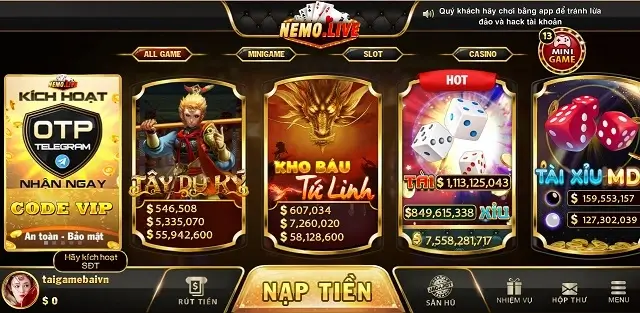 Giao diện của cổng game Nemo Live vẫn giữ được nét tinh tế và hiện đại