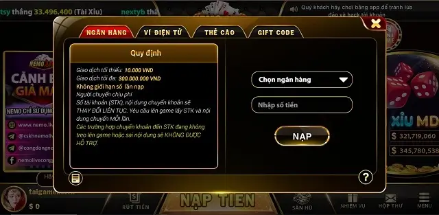 Nhà phát hành Nemo Live quy định rõ ràng cơ chế nạp rút tiền với khách hàng