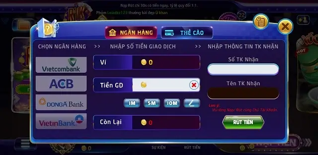 Mẫu giao dịch rút tiền của cổng game Rik Fun