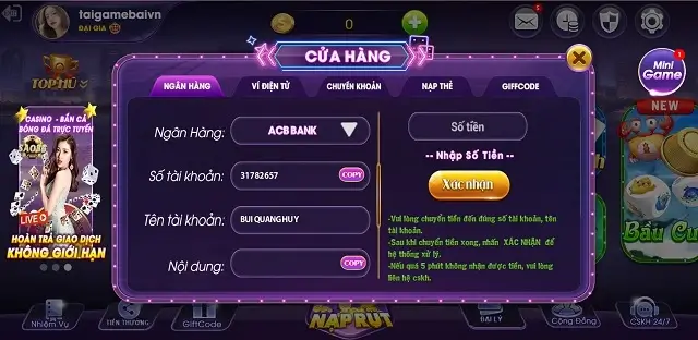 Mẫu giao dịch nạp tiền trên cổng game Sao86 Club