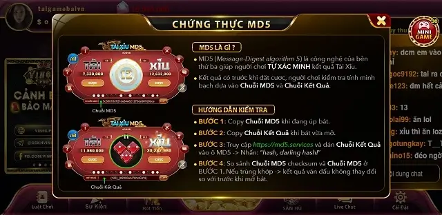 Tài xỉu MD5 của Vin68 Pro cho phép người chơi kiểm tra tính minh bạch