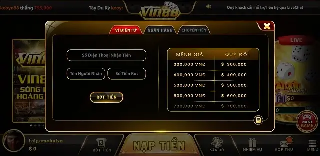 Nạp rút không mất phí trên cổng game Vin88 One