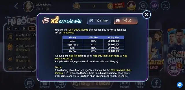 X2 nạp đầu ở cổng game Boc6 Fun