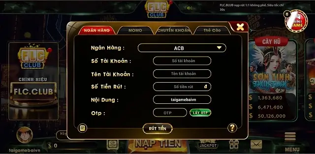 FLC.Club hỗ trợ rút tiền nhanh với tỷ lệ 1:1