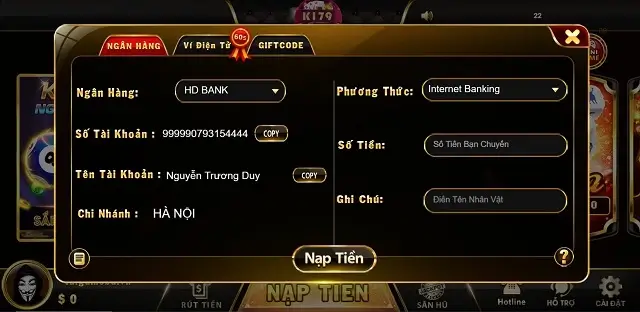 Cổng game K179 Club chỉ hỗ trợ chuyển khoản