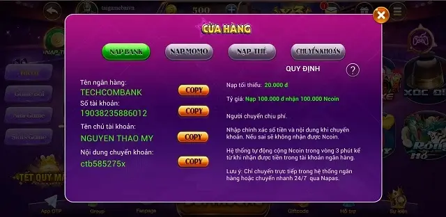 Nạp rút 1:1 trong tất cả các giao dịch trên Nohu52.app