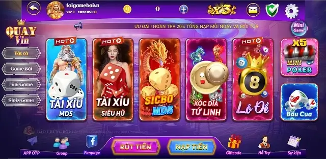 Giao diện tuyệt đẹp của cổng game Quay Vin