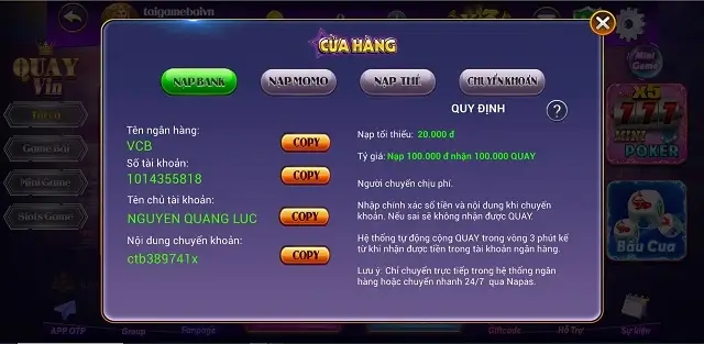 Quay Vin hỗ trợ rút tiền không tính phí