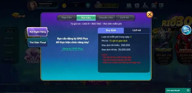 Rút tiền nhanh và ổn định tại Rio66 Live qua bank