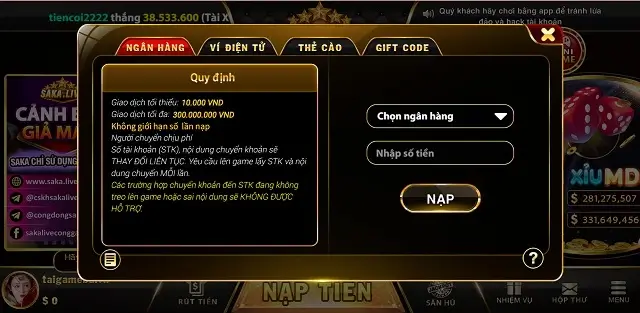 Saka Live nạp và rút tiền đều không mất phế