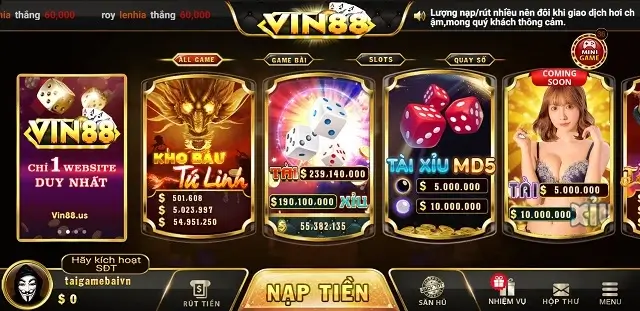 Vin88 Us là cổng game tài xỉu, quay hũ cổ điển