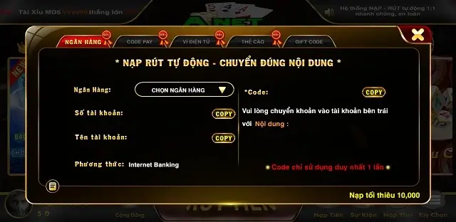 Nap rút nhanh gọn tại Anet.Vin