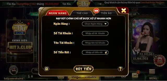 Hit3 Club hỗ trợ nạp rút sòng phẳng