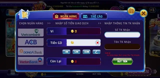 Rút tiền 1:1 tại Rikvip1.Net