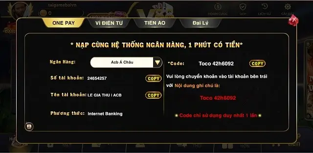 Nạp rút tiền qua Bank tại V88Sun.Com