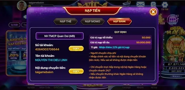 Nạp rút tiền Vicplay Club