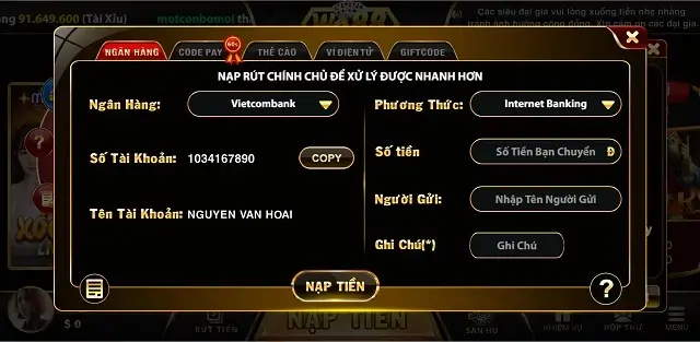 Nạp tiền vào Wo88 Vin qua các hình thức trực tiếp