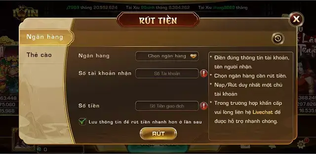 Mẫu rút tiền rất thuận lợi trên iWin10.Club