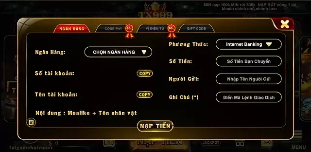 Mẫu napk rút tiền Tx999.Vip