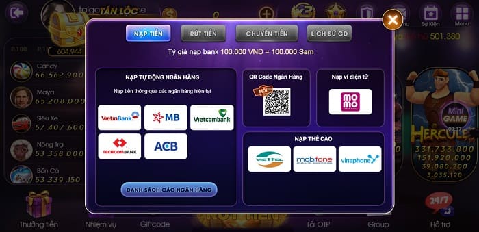 Hệ thống nạp rút của Sam86vip Pro