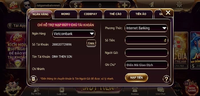 Hệ thống nạp tiền của Sun68i Win