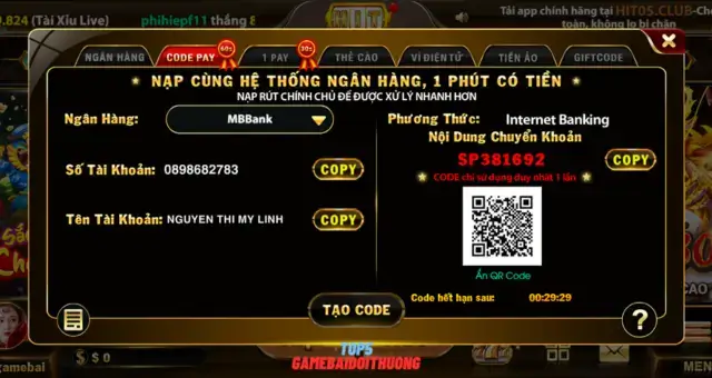 Mẫu nạp tiền Hit05.Club